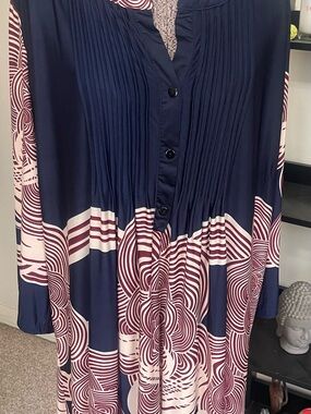 Navy and Burgundy Abstract Print Pleated Midi Dress Plus